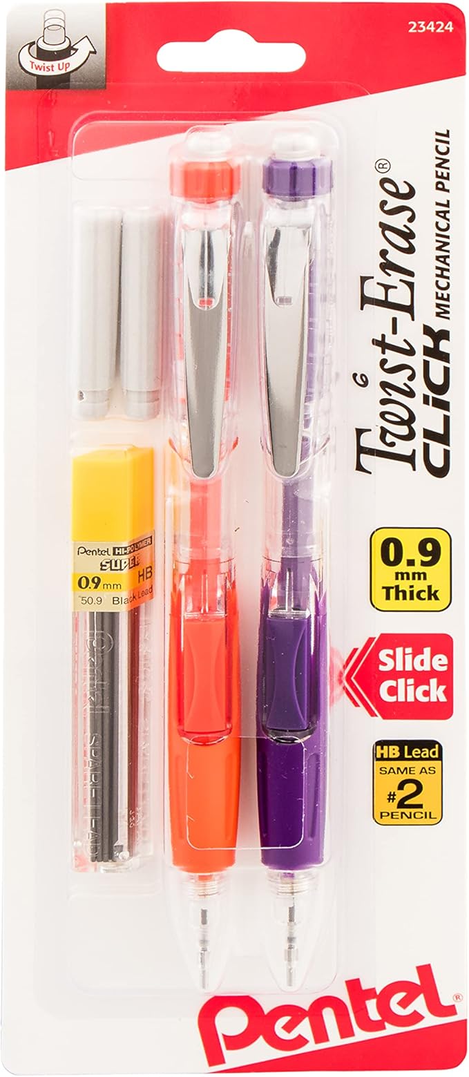 Pentel Twist Erase Click Automatic Pencil with 2 Eraser Refills and Lead, 0.9 mm, Assorted Barrels, Color May Vary, 2 Pack (PD279TLEBP2)