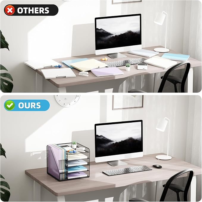 Marbrasse Desk Organizers and Accessories, 5-Tier Paper Letter Tray Organizer with File Holder, Mesh File Organizer, Office Desk Accessories & Organization for Supplies (Black)