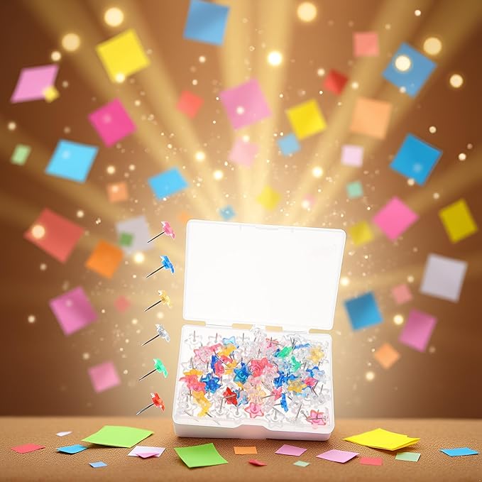 100 Pcs Colorful Star Shaped Push Pins,Steel Point Decorative Thumbtacks,Clear Plastic Thumb Tacks Transparent Pushpins Drawing Pins Thumbtacks with Box for Cork Board,Tape,Adhesives and Fasteners