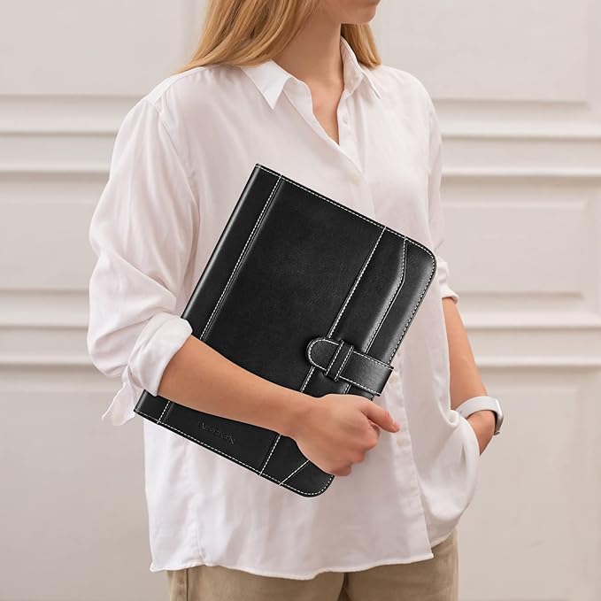 IVESIGN Leather Portfolio Notebook with Folder，Storage Clipboard with Cover for Legal Pad Holder Letter Size A4 Writing Pad for Business School Office Resume Conference Notepad Clip Boards(Black)