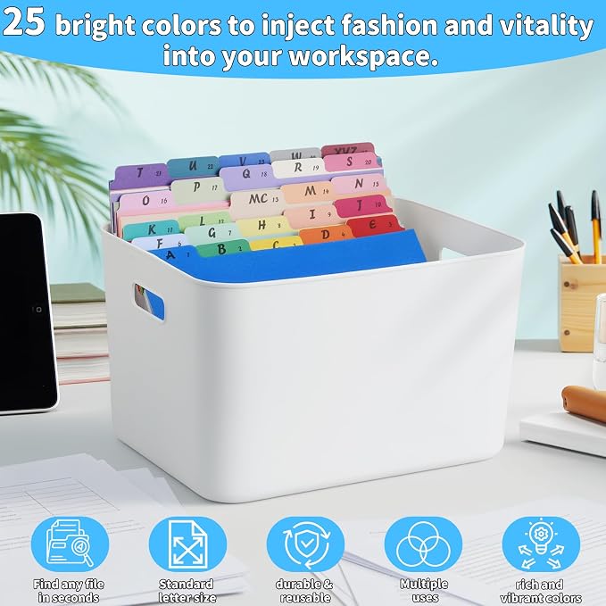1 Set 25 Pcs Alphabetical File Organizer 25 Colors A-Z Top Tab Alphabet File Cabinet Dividers Letter-Size 1/5 Cut Tab File Folder Guide 500 GSM Heavyweight Manila Cardboard for Office Home School Desk