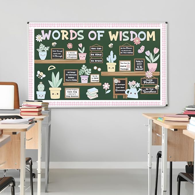 Spring Bookshelf Bulletin Board Set Pastel Motivational Words of Wisdom Classroom Decoration Inspirational Positive Potted Plant Flowers Cutouts for School Office Home Library Chalkboard Wall Decor