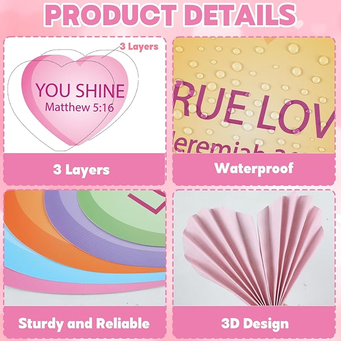 3D Valentine’s Day Conversation Heart Christian Bulletin Board Decorations Candy Heart Cutouts Border Trim Religious Jesus Sunday School Classroom Door Decor for Chalkboard Valentines Party Supplies