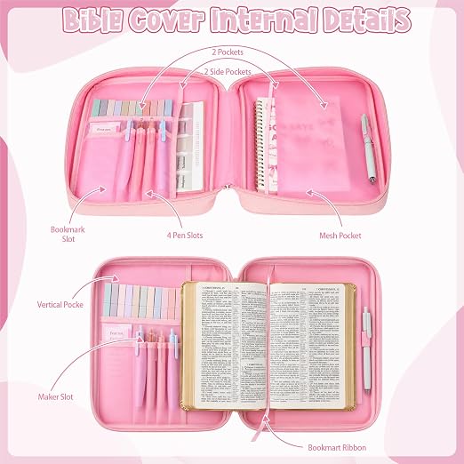 Capoda Bible Cover Case for Women, Bible Tote Bibles Study Supplies with Notebook Highlighters Ballpoint Pen Sticky Notes Scripture Card for Mother's Day Christian Gifts Women Mom Girls(God,Pink)