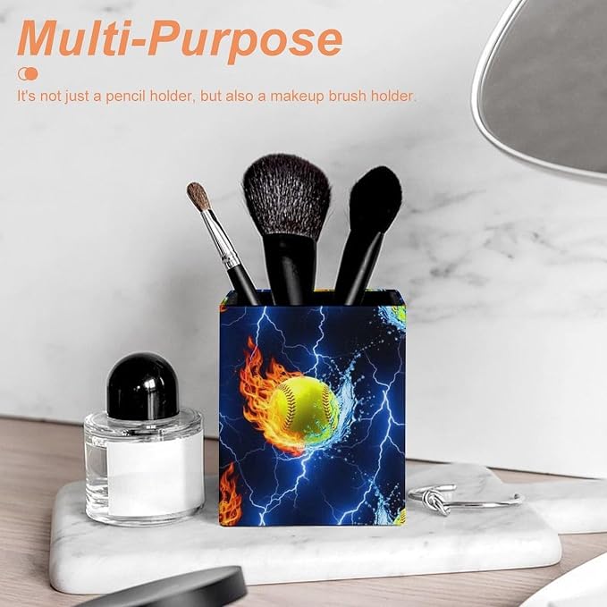 Men's Fashion Pencil Pen Holder Cup, Waterproof Office Supplies, Waterproof Multifunctional Office Supplies Blue Lightning Water Fire Flame Softball