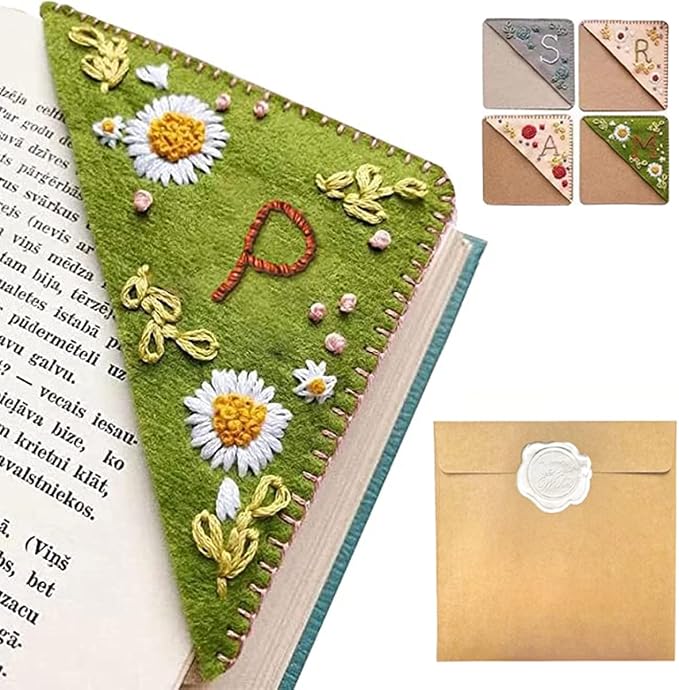 Personalized Hand Embroidered Corner Bookmark, 26 Letters Hand Stitched Felt Corner Letter Bookmark, Cute Flower Embroidery Bookmarks for Book Reading Lovers Meaningful Gift (Summer，P