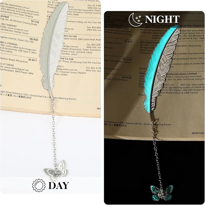 Jeffdad Feather Metal Bookmark with 3D Butterfly Pendant, Glow in The Dark Butterfly Bookmark, Fantasy Bookmark Gifts for Women Girls, Cool Bookmarks for Book Reading Lovers(Silver Butterfly)