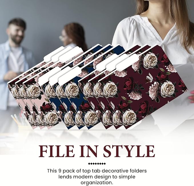9 Decorative File Folders for Women – Navy Moody Flowers Cute Design - Colored File Folder Letter Size 1/3 Cut Tabs - Office Supplies Organizers - 9.75" x 11.5"