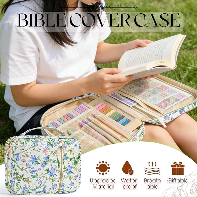 Flower Bible Cover Cases, Quilted Cotton Bible Bag with Multi Pockets 26 Pcs Study Supplies Journaling Kit, Durable Book Carrying Cases Easter Stuffers Gifts with Green Blue Flower Print