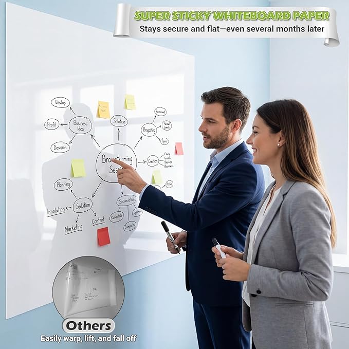 AFMAT 2 Pack Whiteboard Sticker for Wall, 48" x 36" White Boardpaper, Upgrade PET Dry Erase Wallpaper with 6 Markers, Super Sticky & No Ghost, Peel and Stick Dry Erase Board for Home Office Classroom