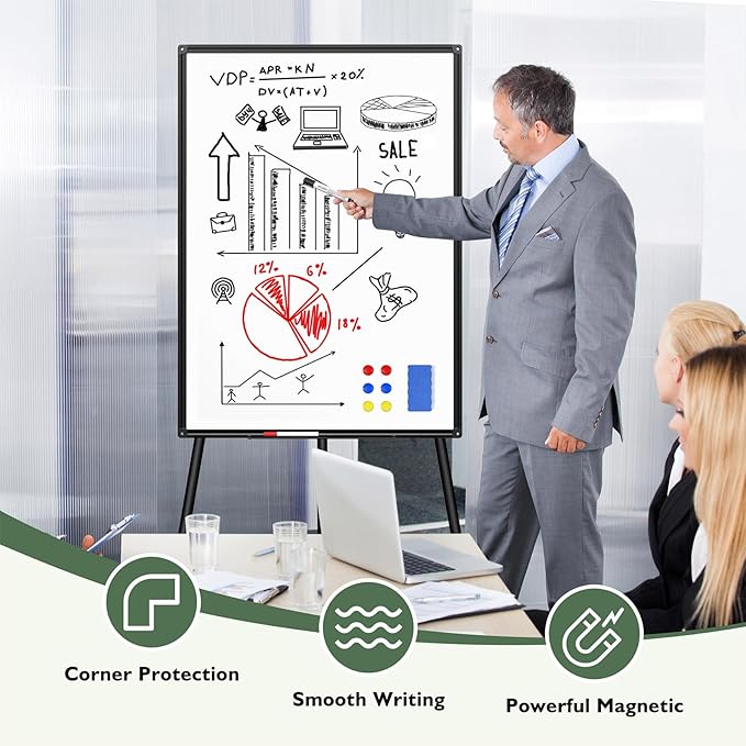 Magnetic Whiteboard Easel Stand, Dry Erase 36 x 24 White Board with Height Adjustable Tripod Stand, 3' x 2' Flipchart Easel Stand Presentation Board with Black Frame, 6 Magnets, 1 Eraser, 2 Pens
