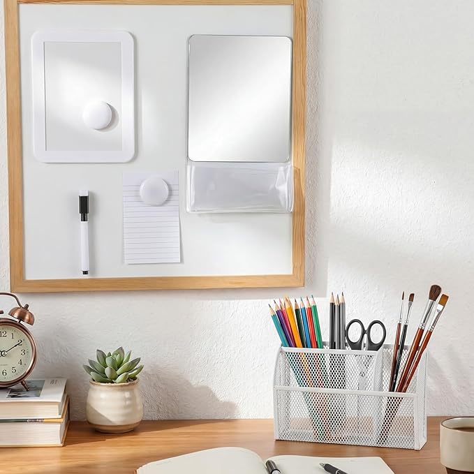 Fuyoooo Magnetic Locker Accessories Back to School Essentials Include Magnetic Mirror with Holder Magnet Mesh Pen Holder Small Whiteboard and Magnet for Office School Locker Organizer(Classic,White)