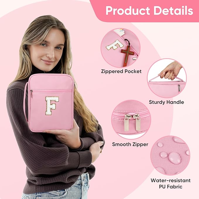 Bible Covers for Girls, Fruobeyla Pink Bible Cases for Woman PU Leather Bibles Carrying Case for Women, Large Bibles Tote Bags with Handle and Zippered Pocket for Kids, Pinkk (Letter F)