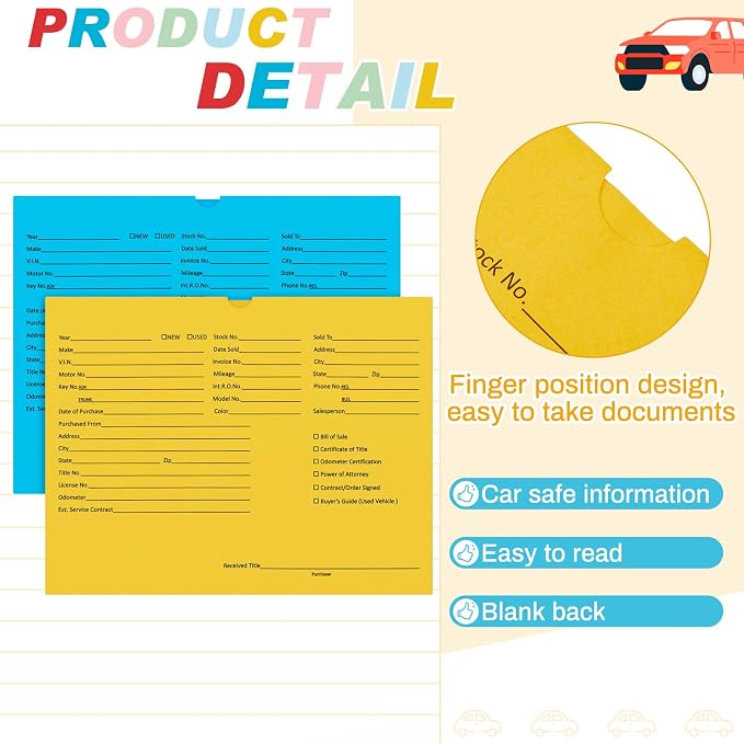 Watersay 30 Pcs 9 x 12 in Vehicle Dealer Jackets for Car Sales 32lb Colored Printed Deal Envelopes Dealership Supplies File Jackets Automotive Folders for Car Dealerships (Classic,Colorful)