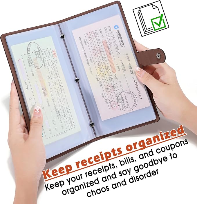 Leather Receipt Organizer,Coupon Organizer with 40 Pockets, Multi-Purpose Receipt Holder Organizer, Wallet Style Coupon Holder Prevent Loss or Damage of Receipts and Coupons (Darkbrown)