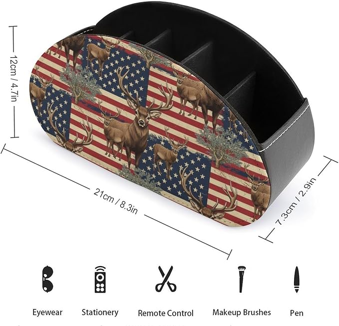 PU Leather Remote Storage Box, 5-Compartment Desk Organizer for Media Controllers, Office Supplies, and Home, American Flag Deers