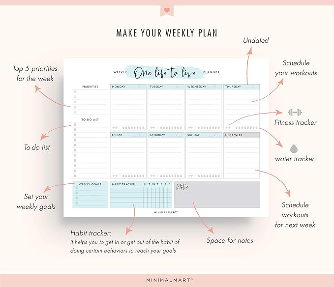 Cute Weekly Planner By Minimalmart | 50 Undated Tear-Off Sheets |Personal Productivity Calendar Organizer For Daily Tasks, Appointments, Meal Prep, Notes, Lists| Home Or Office Work Scheduler| 8.5x11”