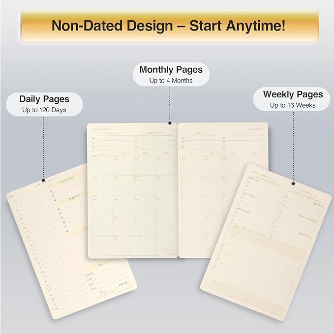 AuroPlanner Bamboo Cover Undated Portable Planner Notebook – Daily, Weekly & Monthly Organizer, Lay-Flat A5 (5.7” × 8.3”), 100 GSM Paper, 160 Pages, 4-Month Layout (Brown)