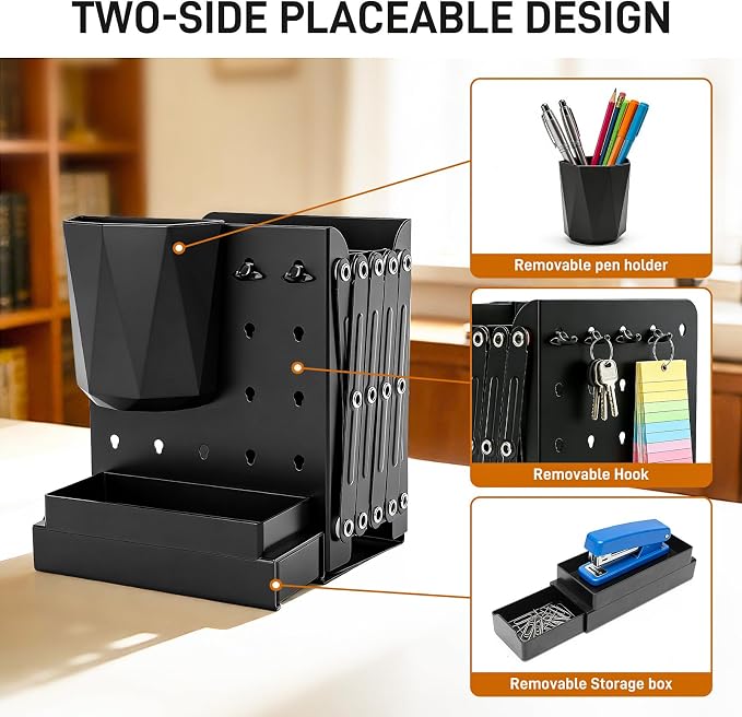 2 PCS Adjustable Bookends,19" Metal Book Ends for Heavy Books with Removable Pen Holder, Tray, and 4 Hook-up, Book Shelf Holder for Office, School, Bookstore, cookbooks