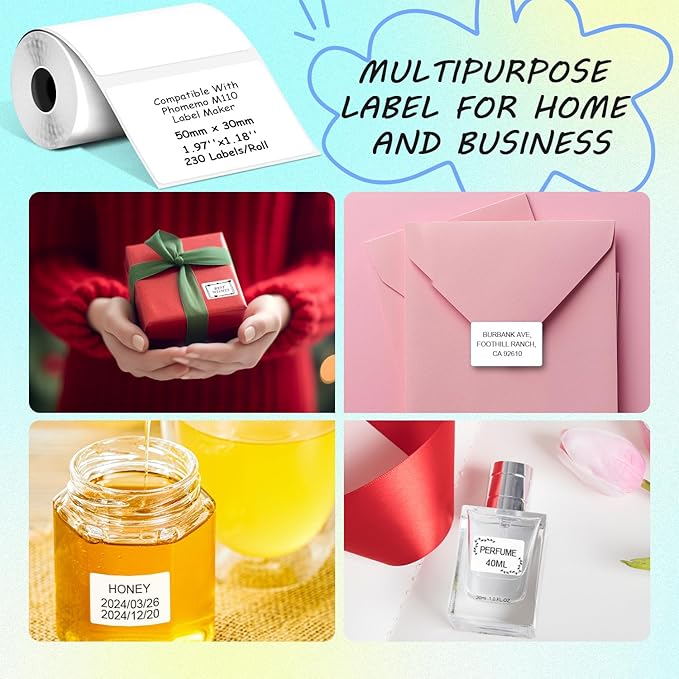 Thermal Labels Compatible with Phomemo M100/M110/M150/M221/M220/M120/M200/M250 Label Printer,1.97"x1.18"(50x30mm), 230 Labels/Roll, Black on White,4 Rolls