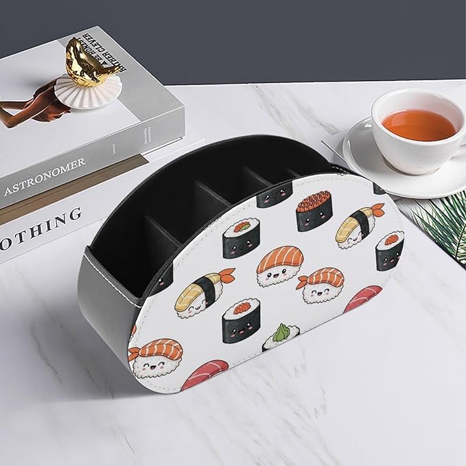 Remote Control Organizer Box with 5 Compartments, PU Leather Desktop Caddy for Media Controllers, Office, and Living Room, Kawaii Food Theme Japanese Sushi