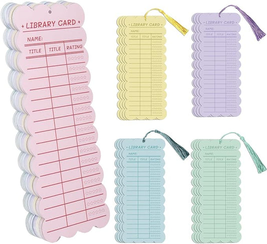 50 PCS Reading List Bookmarks Book Tracker with 50 Bookmark Tassels, 3 x 8 Inch Watercolor Library Card Reading Log Bookmark for Teachers Women Book Lovers