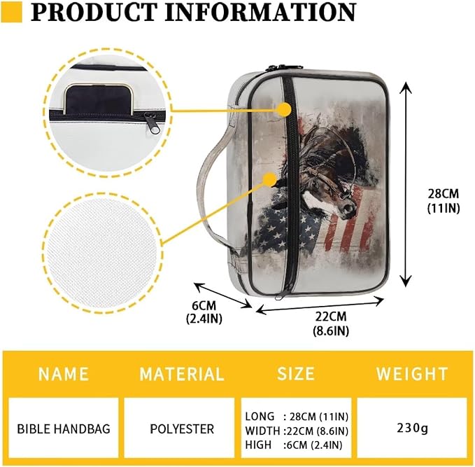 American Flag & Horse Print Bible Covers for Women Men Zippered Bible Carrier Book Bag Church Bag Bible Protective with Handles Christian Gifts