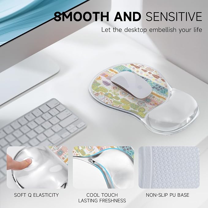 AUPET Ergonomic Mouse Pad with Gel Wrist Support – Non-Slip Mouse Mat with Comfortable Memory Gel Cushion – Relieves Wrist Pain – Designer Pattern for Home Office & Gaming (Folk Art Stripe)