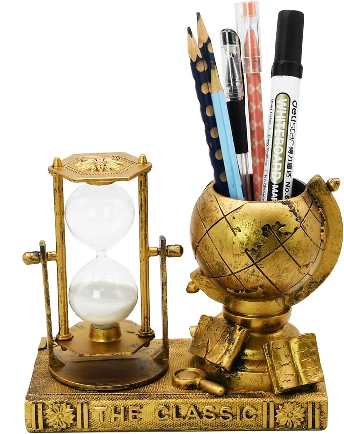 Owlgift Globe-Themed Pencil Holder with Hourglass, Resin Desktop Organizer for Office & Study, Pen Holder with Sand Timer, Classic Globe Addition Scissors Storage, Artistic Gift for Travel Lovers