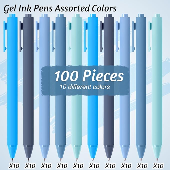 Crtiin 100 Pcs Gel Pens Bulk, 0.5mm Fine Point Black Ink Pens, Retractable Smooth Writing Quick Dry, Colored Aesthetic for School Office Journaling Teacher Appreciation Mother Day (Blue Series)