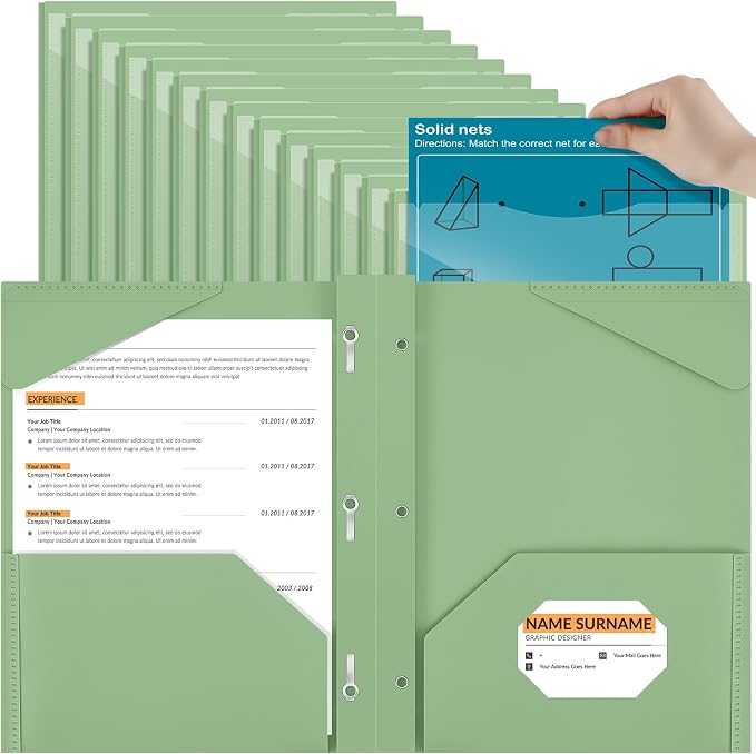 Henoyso 36 Pcs Plastic Folder with Clear Front Pocket and 3 Prong Plastic Folders with Card Slot Pocket Folders with Prongs for School Office (Sage Green)