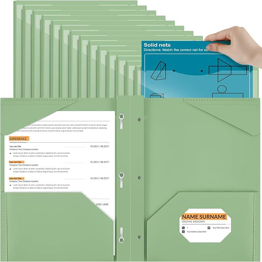 Henoyso 36 Pcs Plastic Folder with Clear Front Pocket and 3 Prong Plastic Folders with Card Slot Pocket Folders with Prongs for School Office (Sage Green)