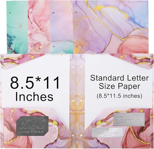 Ddaowanx Plastic Folders with Pockets, 4pcs Decorative Folder Marble Colors, Heavy Duty Plastic Two Pocket File Folders, Fits 3-Ring Binders (4)