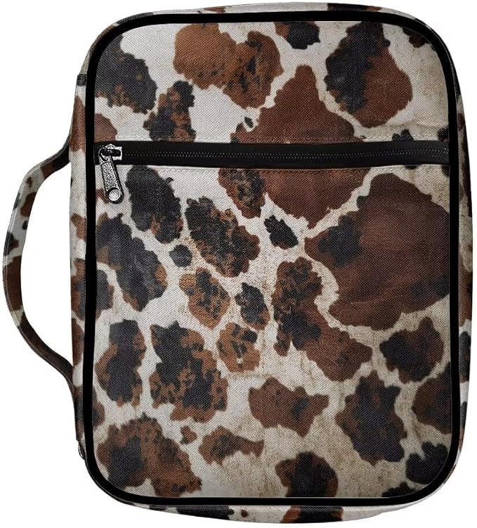Coldinair Brown Cow Print Bible Covers Bag for Men Women,Durable Carrying Book Case Church Bag Bible Holder with Handle and Zippered Pocket