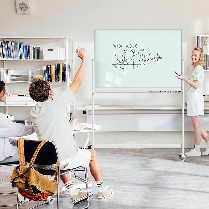 Tankee Rolling Whiteboard, 48x32 Inches Magnetic Glass Dry Erase Board with Stand, Standing White Board on Wheels, Large Glass Mobile Whiteboard for Office School Classroom Home Homeschooling