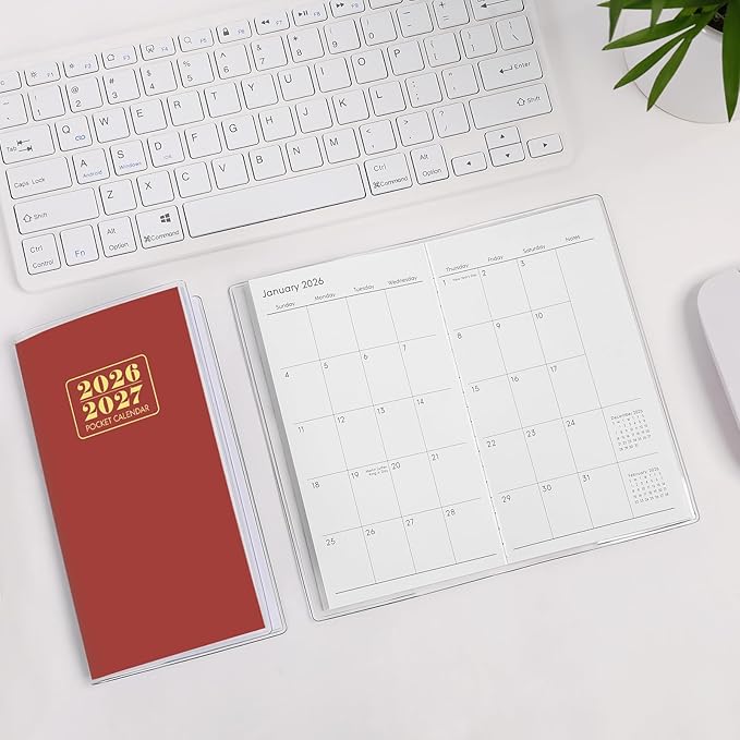 Pocket Calendar 2026-2027, Purse Monthly Planner, Runs from January 2026 Until December 2027, 3.7" x 6.7", Pocket Calendar with PVC Cover for Planning, Organizing and Office - Wine Red