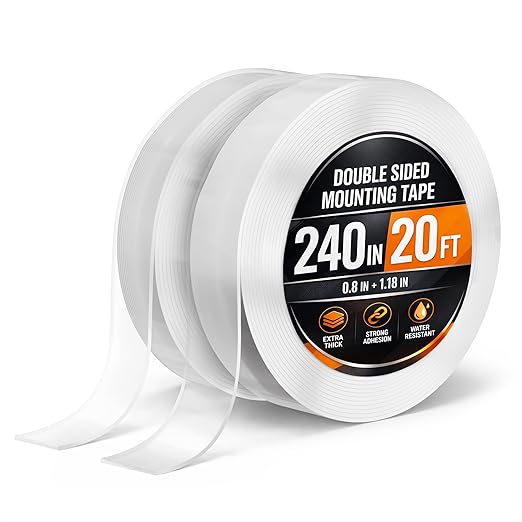 2Pcs Clear Double Sided Mounting Tape – 2-Size Double Face Tape Heavy Duty 240"х1.18" & 0.8" (20 Ft) – Home, Office, Decor & Diy Projects, No Tools Needed, Works on Wall, Tile, Glass, Metal, & Plastic