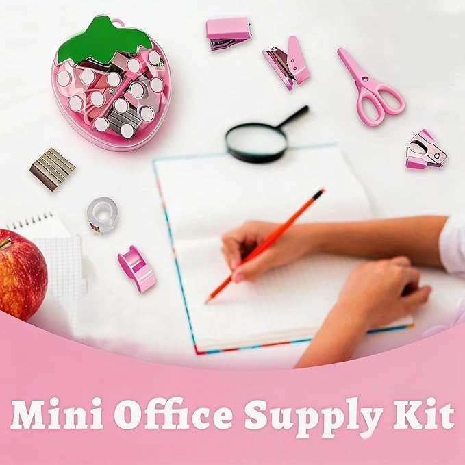 Mini Office Supply Kits Strawberry Mini Stapler Set, 11Pcs Portable School Supplies Kit with Mini Scissors, Tape Dispenser, Hole Puncher, Sticky Notes for Desk Organization, for Back to School