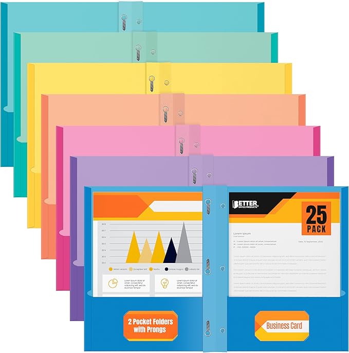2 Pocket Folders, Assorted 7 Vibrant Colors with Complementing Interior Colors, Fits Letter Size Paper, for School, Office, Home (with Prongs, 50)