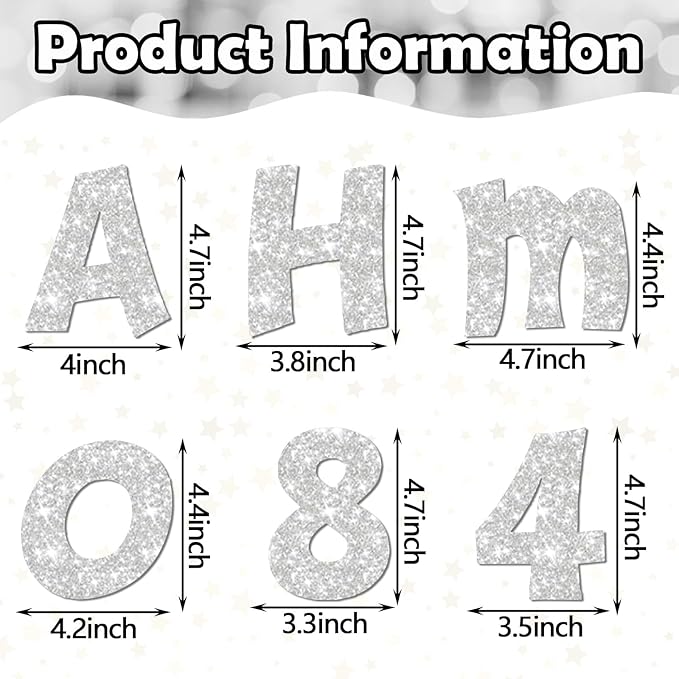 Colarr 216 Pcs Silver Glitter Bulletin Board Letters for Classroom Number Alphabet Punctuation Symbol Cutout 4'' Die-Cut Poster Letter with Adhesive Dot School Party Graduation Decor Display