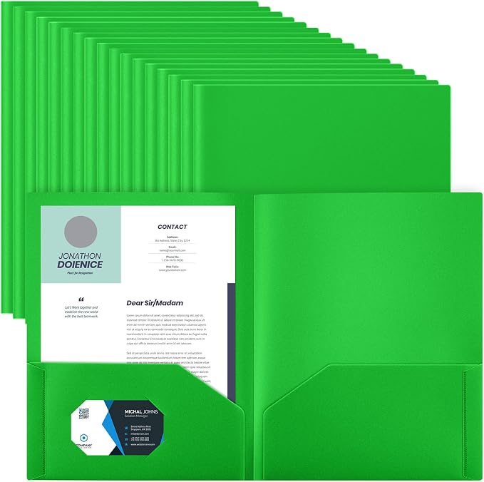 Gueevin 100 Pack Plastic Folder with Pockets, 2 Pocket Folders, Plastic Glossy Folders Fit Letter Size Paper, Heavy Duty Durable File Folder with Business Card for Home Office School (Fresh Green)