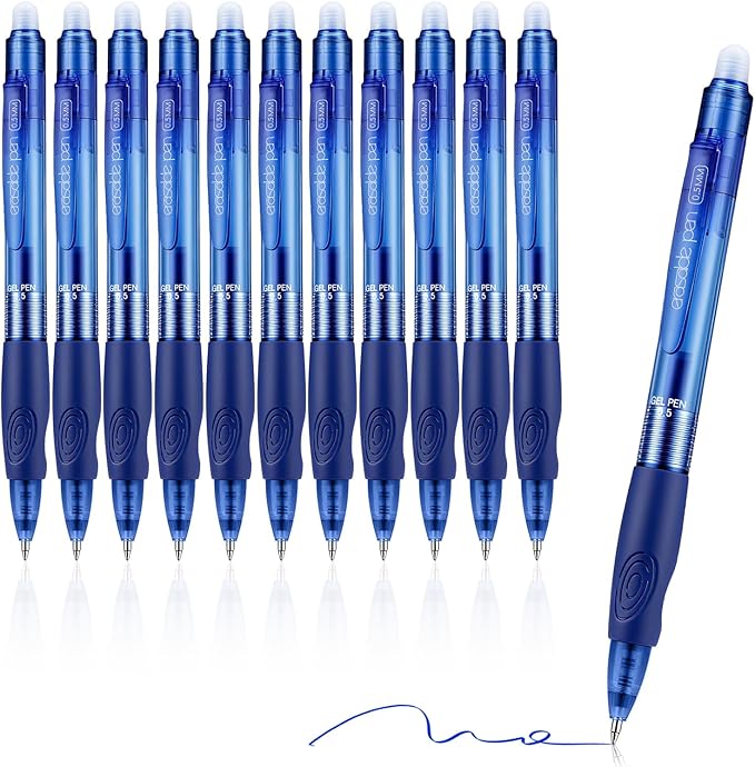 EUSOAR Blue Erasable Pens, 12 Pack Eraser Pen Fine Point (0.5mm) Smooth Writing, Retractable Pens with Erasers Make Mistakes Disappear for Note Taking Planner Crossword Puzzles Supplies