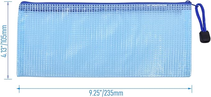 3 Pcs 4.13" x 9.25" Bills Sizes Mesh Zipper Pouch Bags, Mesh Bags with Zipper，Waterproof Clear Document Pouch for Organization Puzzles Travel, Office, Classroom Organization, Bills Blue