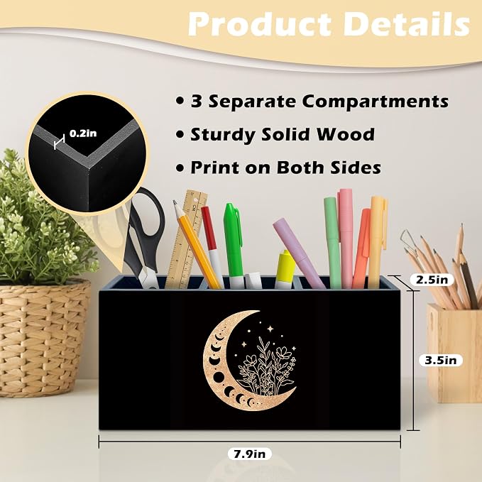 Witchy Floral Moon Pen Holder Organizer Desk Decor, Witchy Room Decor, Boho Black Gold Celestial Crescent Moon Phase Wooden Pen Pencil Holders for Home Office Desk Accessories