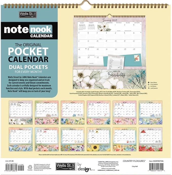 WSBL Country Pleasures 2026 Note Nook Wall Calendar – 12-Month Organizer Calendar with Built-In Storage Pockets, Americana Country Art by Joy Hall, 12"× 12.125"