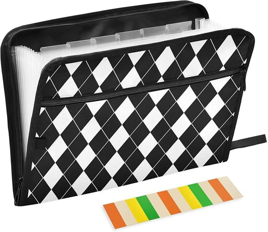 Black White Harlequin Pattern Accordion File Organizer Expanding Document Folder with 13 Pockets Portable File Folder for A4 Letter Size