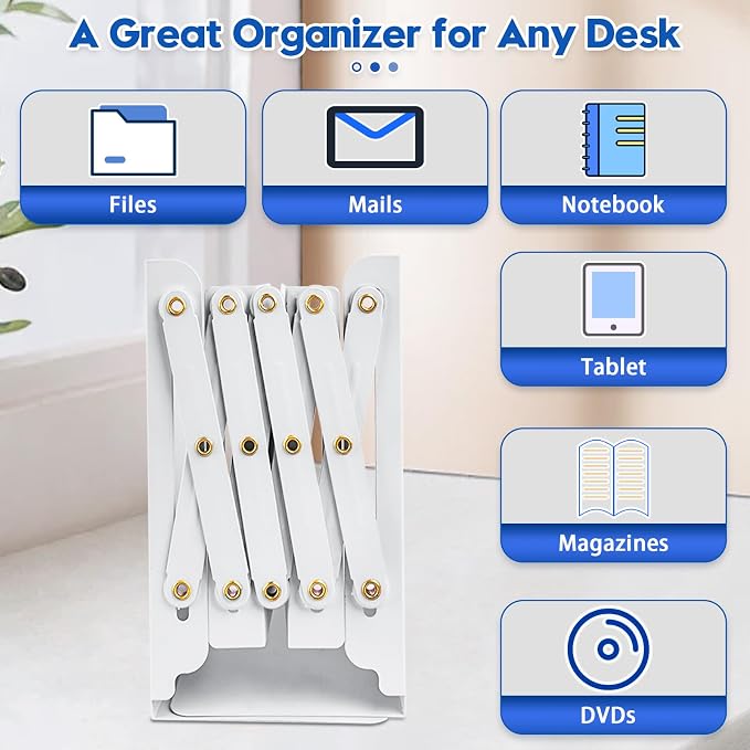 2PCS Heavy Duty Book End to Hold Books, Adjustable Bookends Book Holder for Shelves, White Book Organizer for Desk, Sturdy & Flexible - Metal Book Ends Binder Holder for Tabletop
