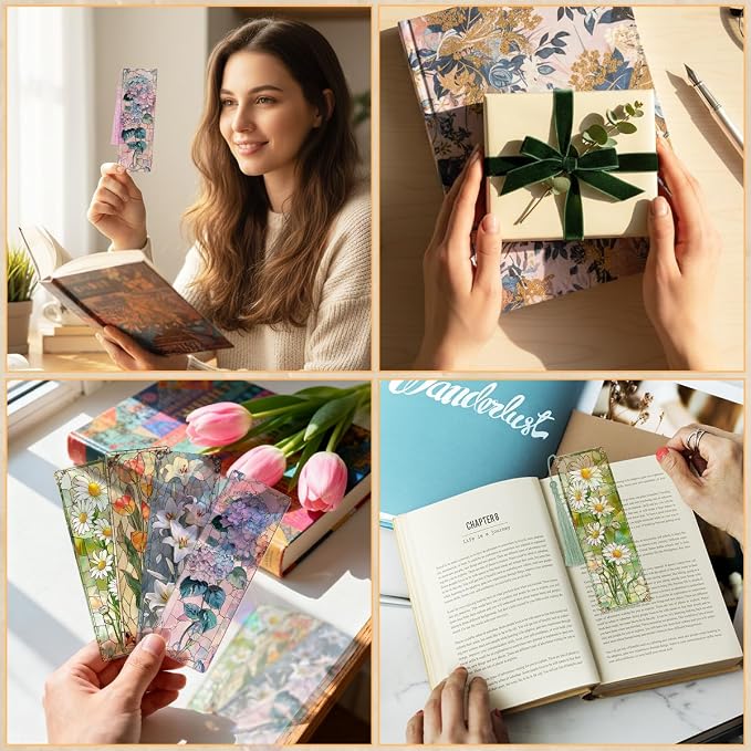4 Pcs Stained Glass Art Bookmarks for Reading Women, Flower Transparent PVC Bookmark with Tassels, Cute Book Accessories, Unique Book Marks for Bookish, Birthday Christmas Gift