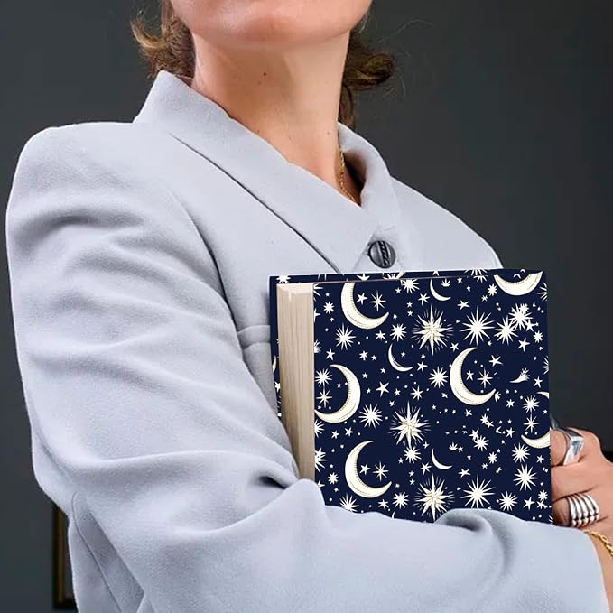 CRASPIRE Moon Star Stretchable Book Cover Navy Blue Washable Reusable Large Nylon Cloth Polyester Book Protector Elastic Notebook Wraps Suitable for Most Hardcover Books