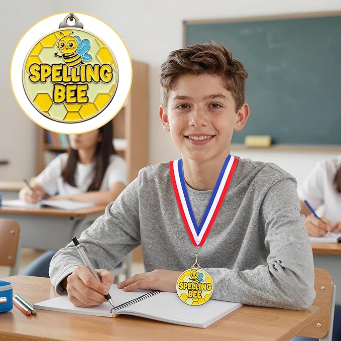 Cunno 20 Pcs Spelling Bee Medals Bulk 2'' Spelling Bee Honeycomb Award Medals with Neck Ribbon Trophy Prizes Winner Gift for School Classroom Students Teaching Competitions Supplies